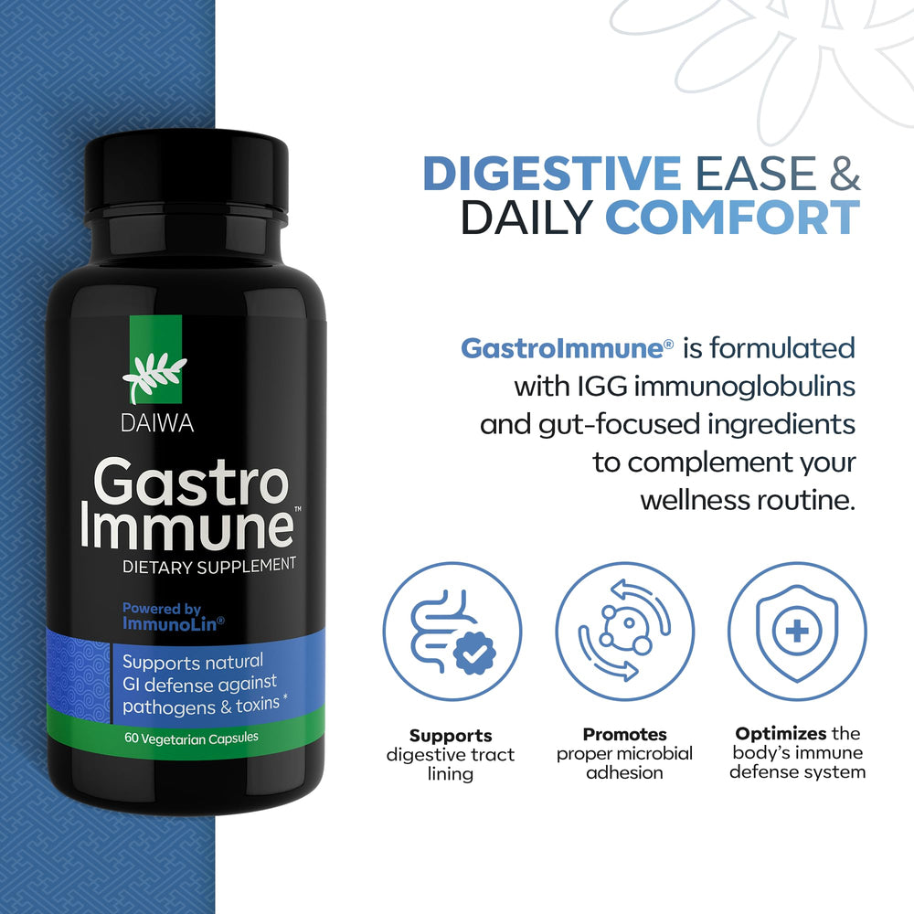 Daiwa GastroImmune capsules closeup highlighting protein-based support for digestive comfort.