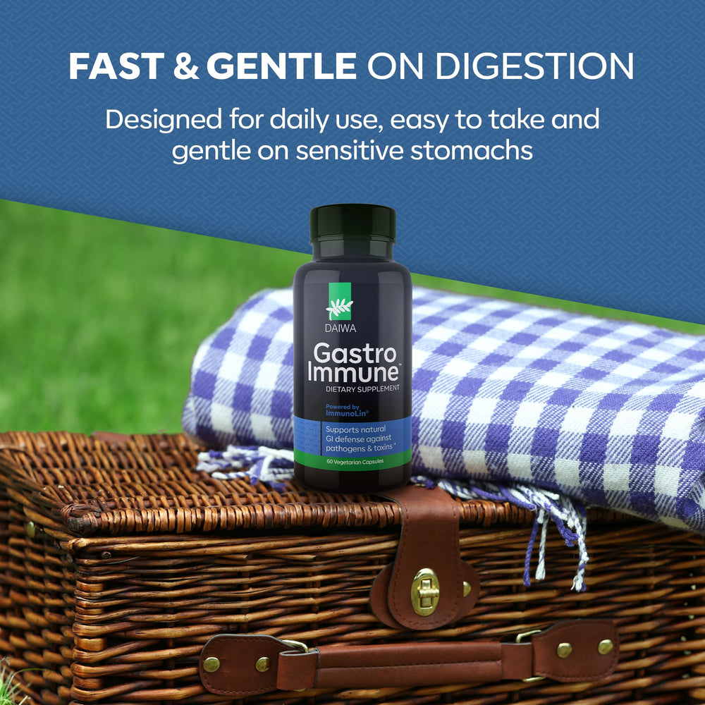 Daiwa GastroImmune daily-use setup demonstrates two capsules per day routine.