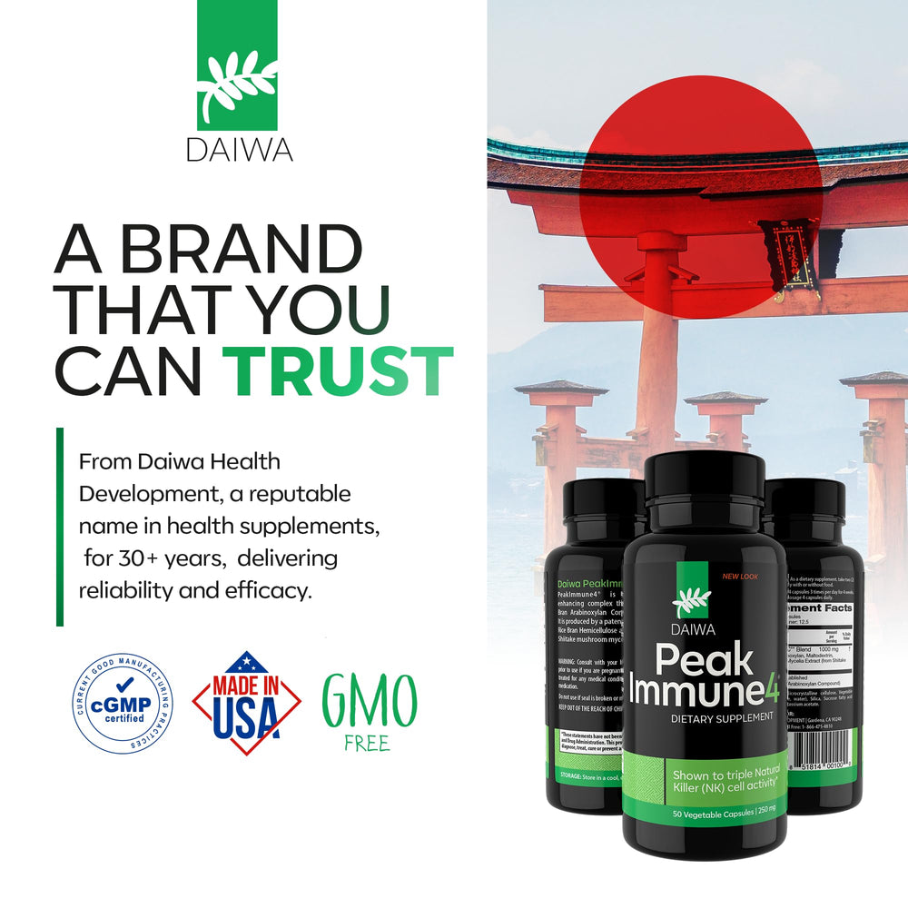 Daiwa PeakImmune4 on a kitchen counter beside water for easy daily intake.