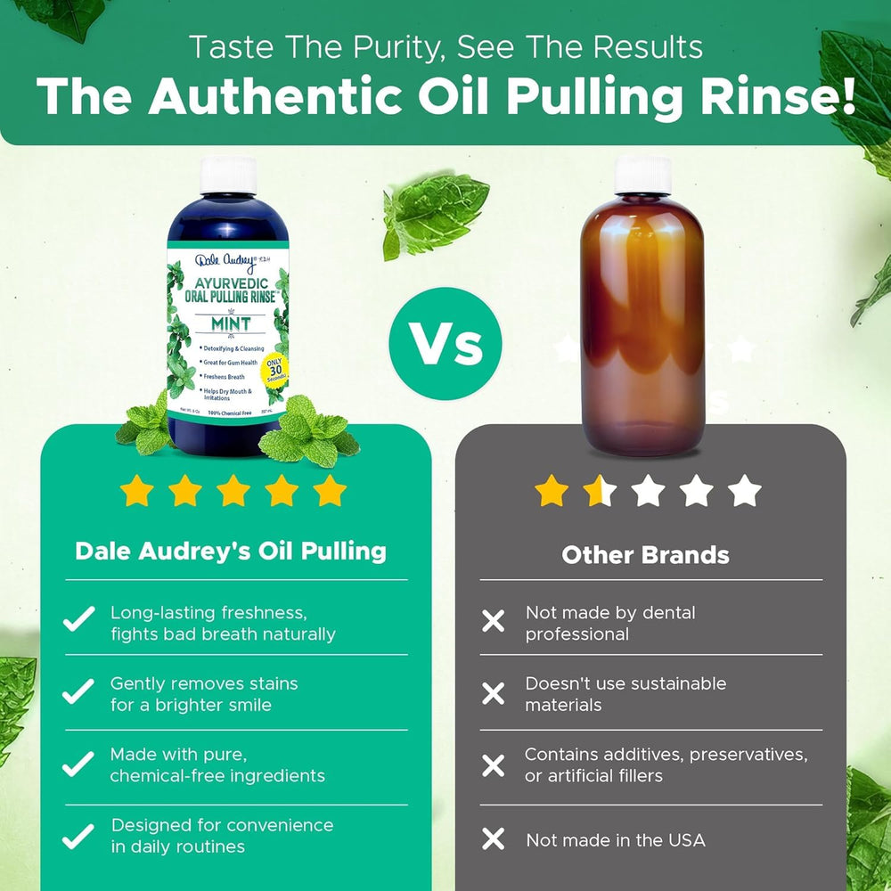 Dale Audrey oil pulling mouthwash highlighting gum care focus.