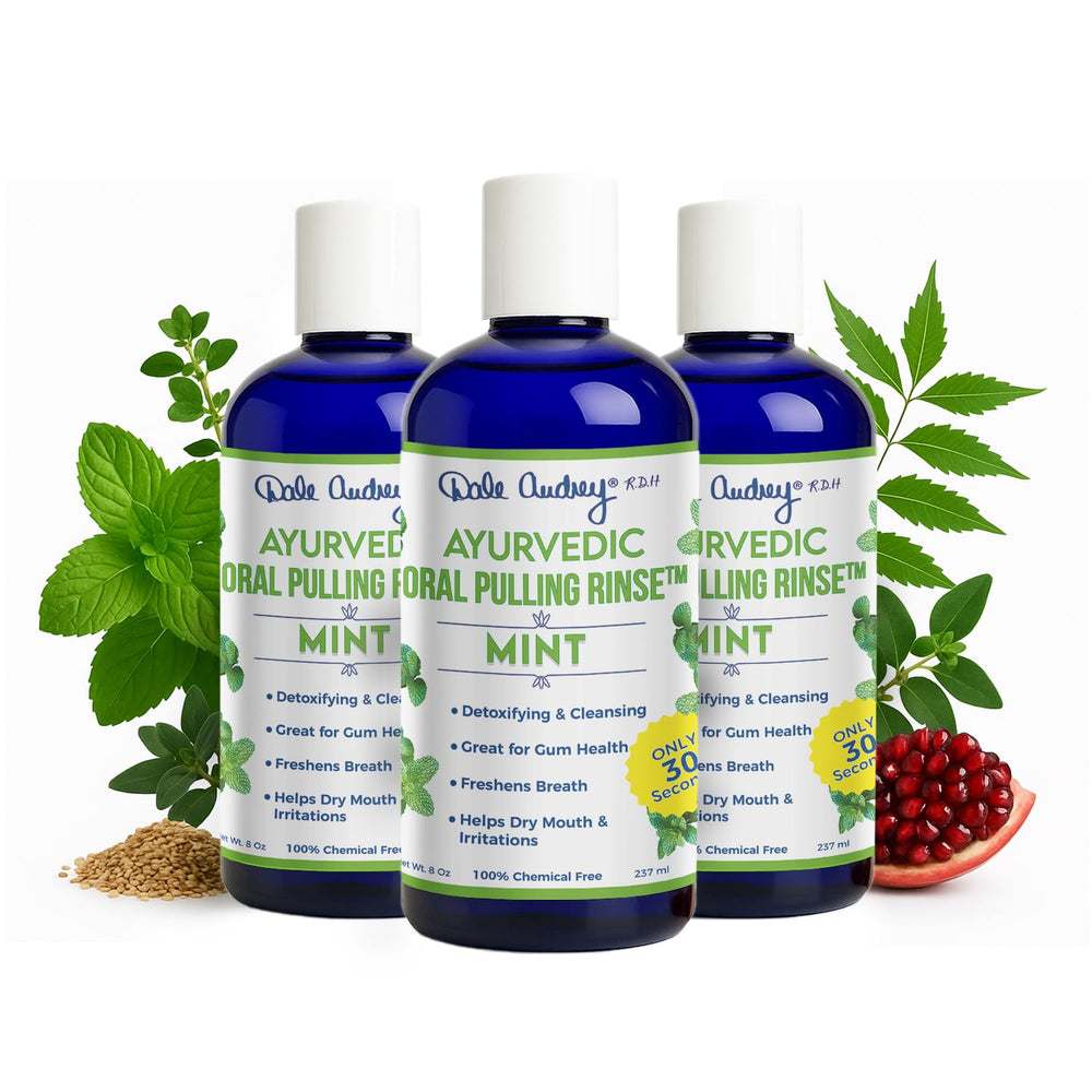 Dale Audrey oil pulling mouthwash bottle with mint for fresh breath.