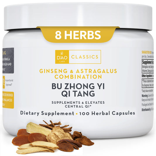 DAO Labs Bu Zhong Yi Qi Tang bottle pour showing capsules for daily immune and digestion support
