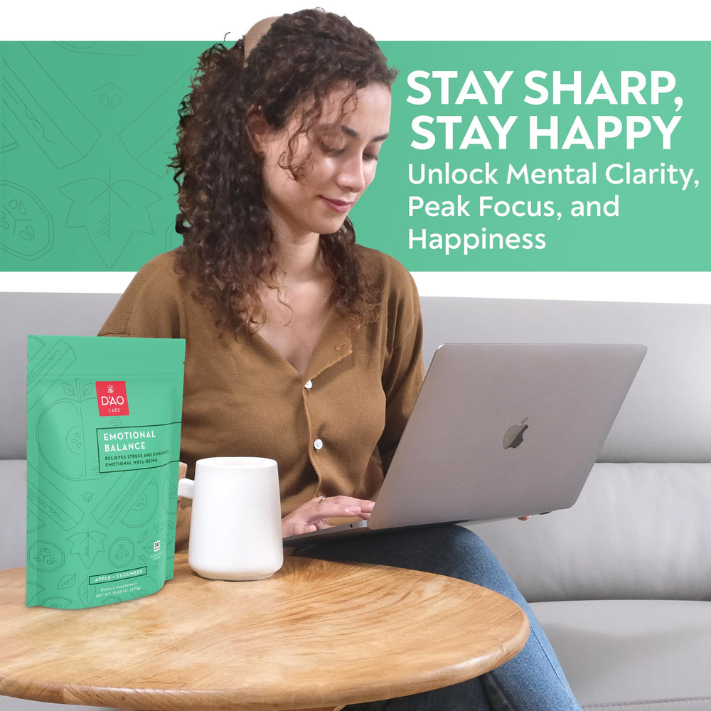 DAO Labs Emotional Balance Apple-Cucumber flavor in glass for sensory calm.