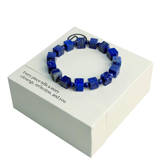 Dare to Mystic lapis cube bracelet closeup shows pyrite flecks for wisdom and calm focus.
