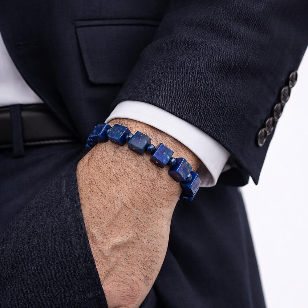Dare to Mystic lapis cube bracelet geometric design complements casual or formal outfits.