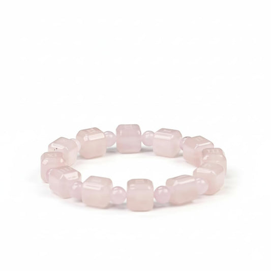 Dare to Mystic rose quartz sugar cube bracelet close-up showing soft pink hue for daily wear.
