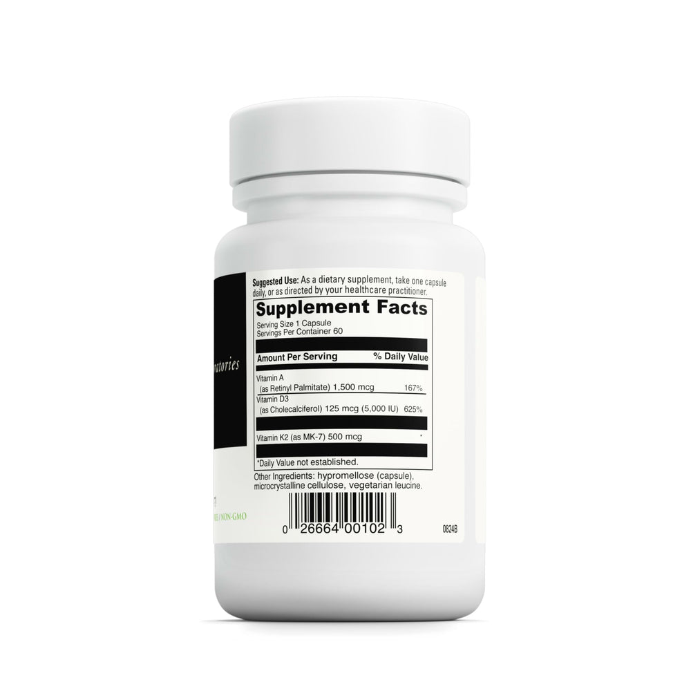 DaVinci ADK bottle back label detailing vitamin A, D3, and K2 MK-7