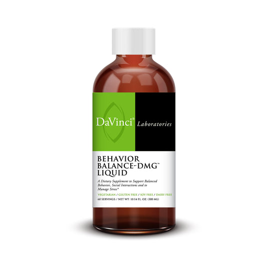 DAVINCI Behavior Balance DMG Liquid bottle with black cherry flavor for daily stress support.