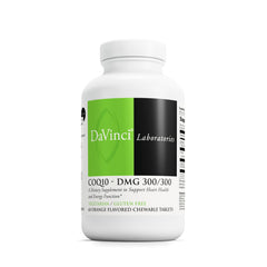 DAVINCI CoQ10 DMG orange chewable tablets in bottle, supporting energy production and heart health.