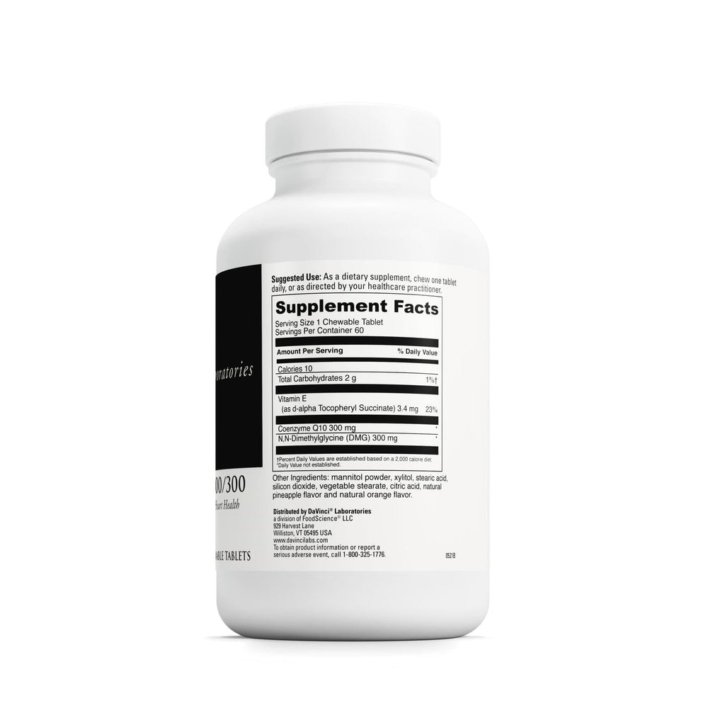 Closeup of orange-flavored CoQ10 DMG chewables showing chewy texture and vibrant color.