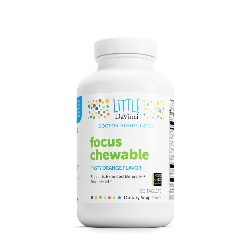 DAVINCI Focus orange chewable tablet for kids, supports focus during homework.