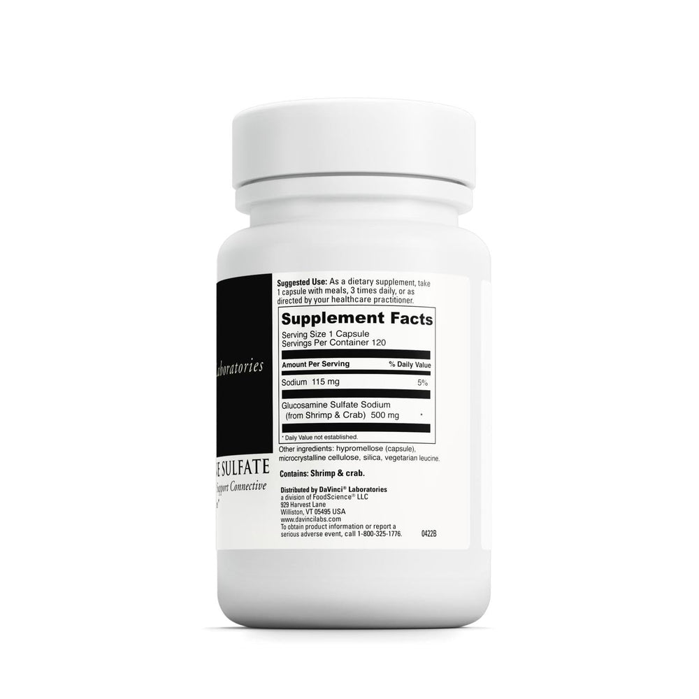 DAVINCI Glucosamine Sulfate capsules close-up highlights 500 mg per serving for joints.