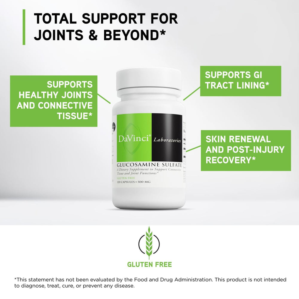 DAVINCI Glucosamine Sulfate packaging label emphasizes gluten-free formula for sensitive systems.