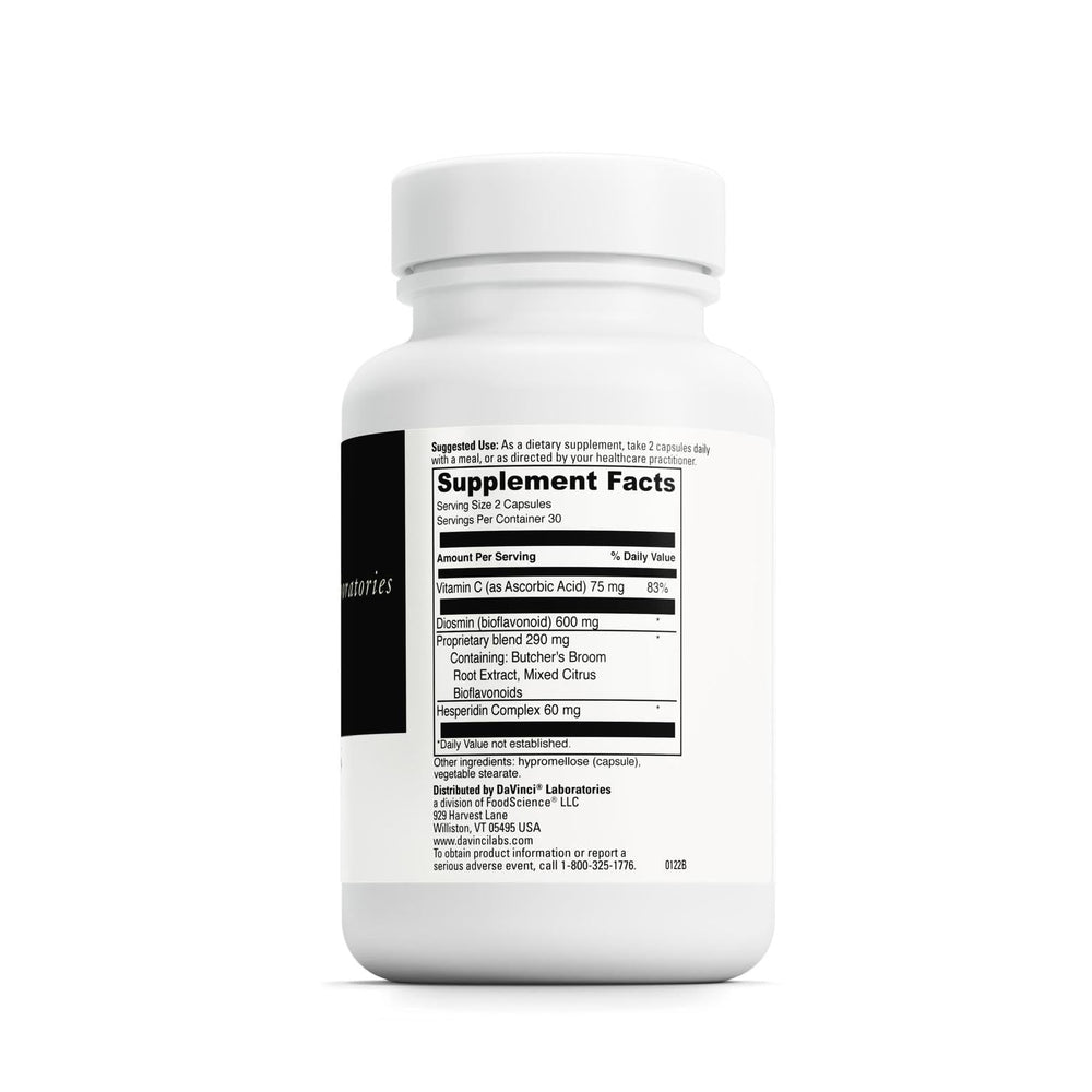 DAVINCI Healthy Veins bottle back label with dosage guidance for leg health.