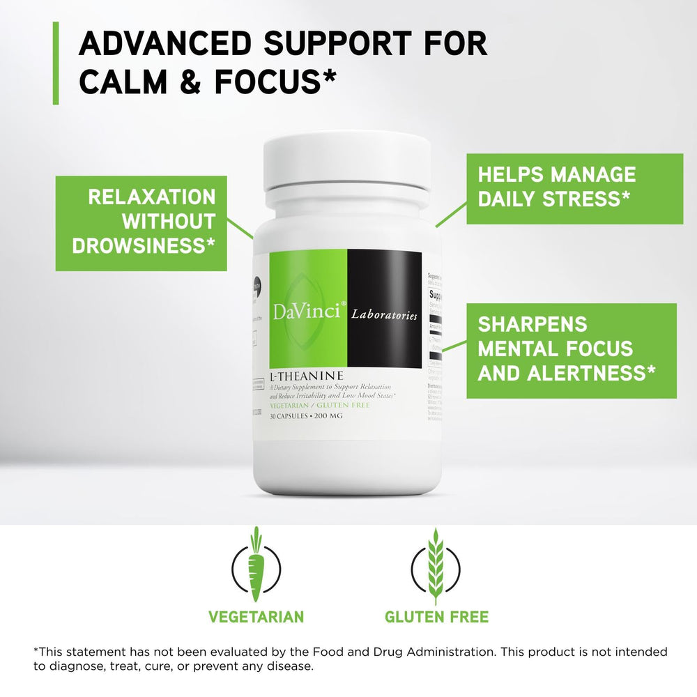 DaVinci L-Theanine capsules closeup for daily calm and focus.