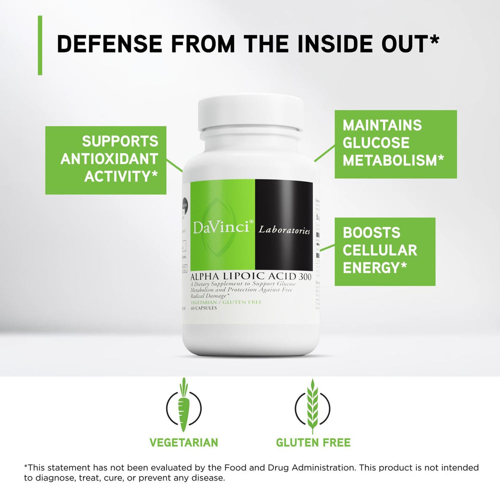 DAVINCI Alpha Lipoic Acid 300 label close-up emphasizing purity and potency.
