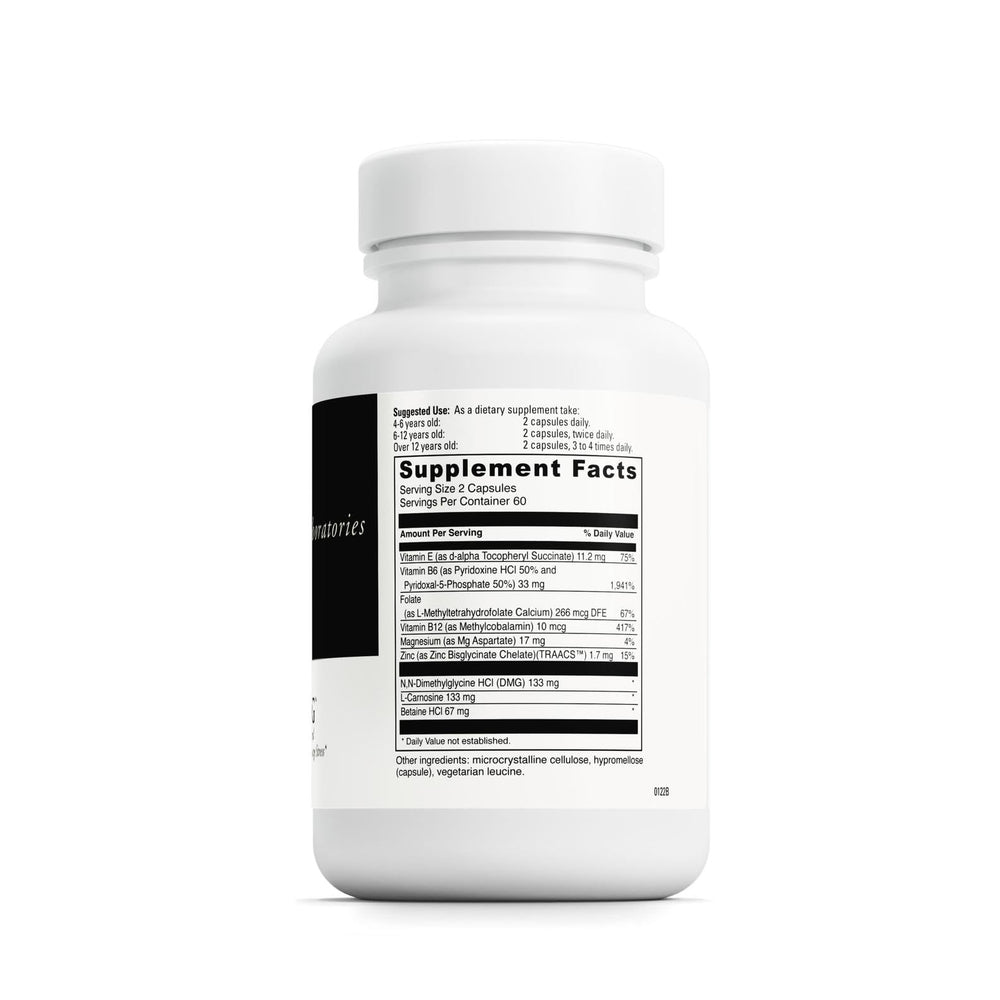 DAVINCI Labs Behavior Balance-DMG bottle back shows supplement facts and gluten-free suitability for daily use