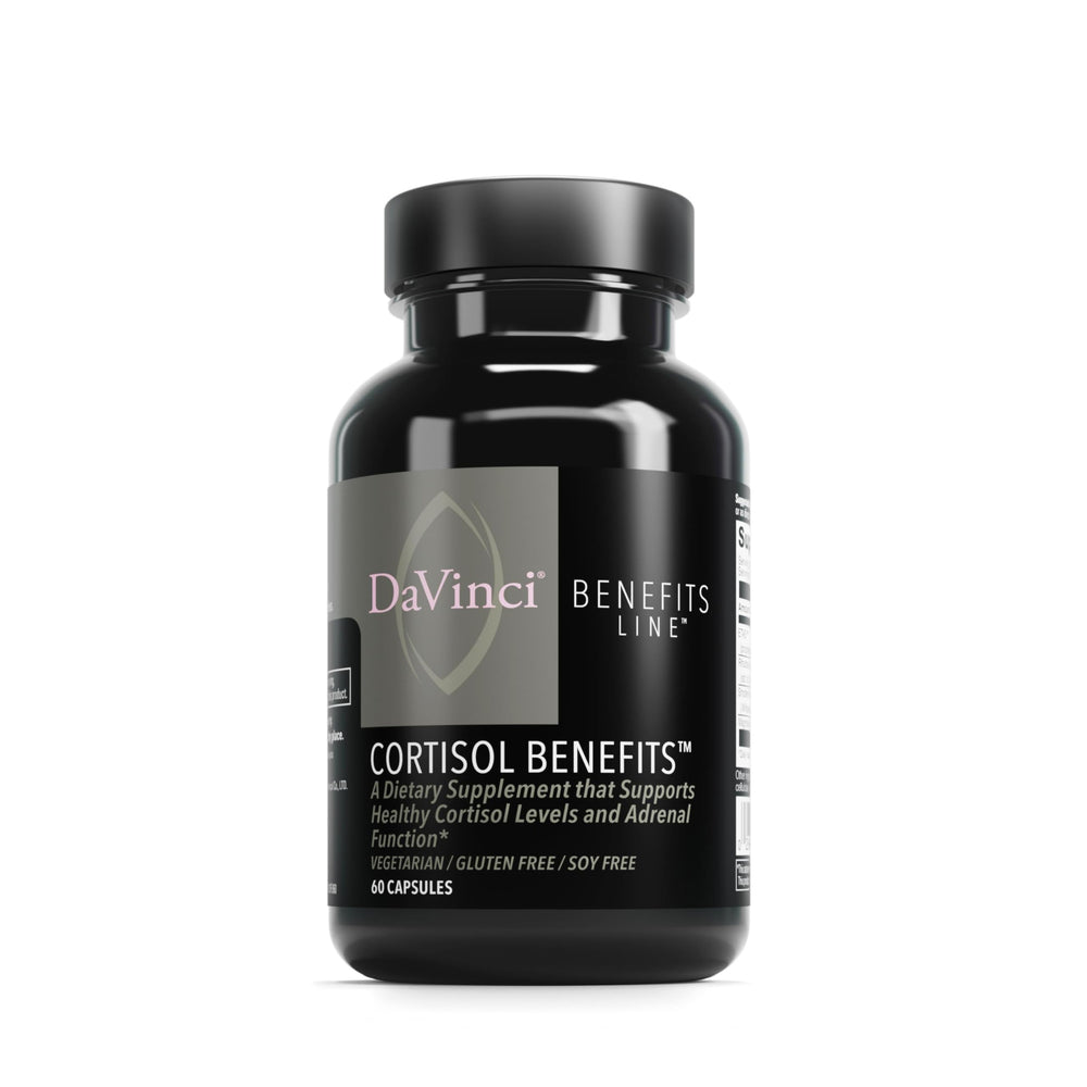 DaVinci Labs Cortisol Benefits bottle front showing gluten-free adrenal support.
