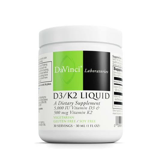 DaVinci Labs D3/K2 liquid bottle supports bone health with easy daily dosing.
