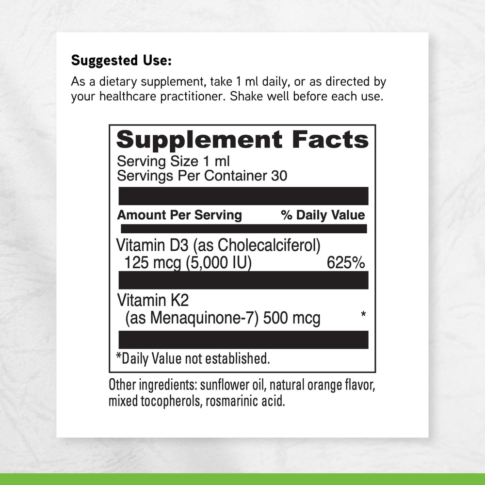DaVinci Labs D3/K2 liquid dosing chart aids precise daily intake.