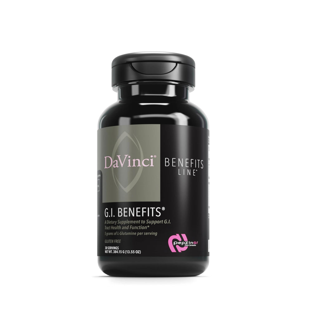 Davinci Labs GI Benefits bottle front for daily digestive comfort and immune support.