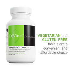 DAVINCI Labs Immuno-DMG enteric-coated tablet demonstrates digestion-friendly, vegetarian delivery.