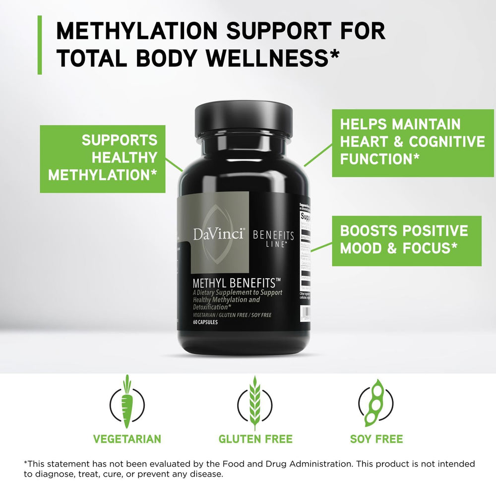 DAVINCI Methyl Benefits capsule close-up highlights smooth texture and 60 veggie capsules.