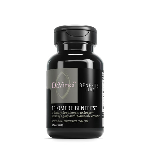 DAVINCI Labs Telomere Benefits bottle front with veggie capsules for healthy aging.
