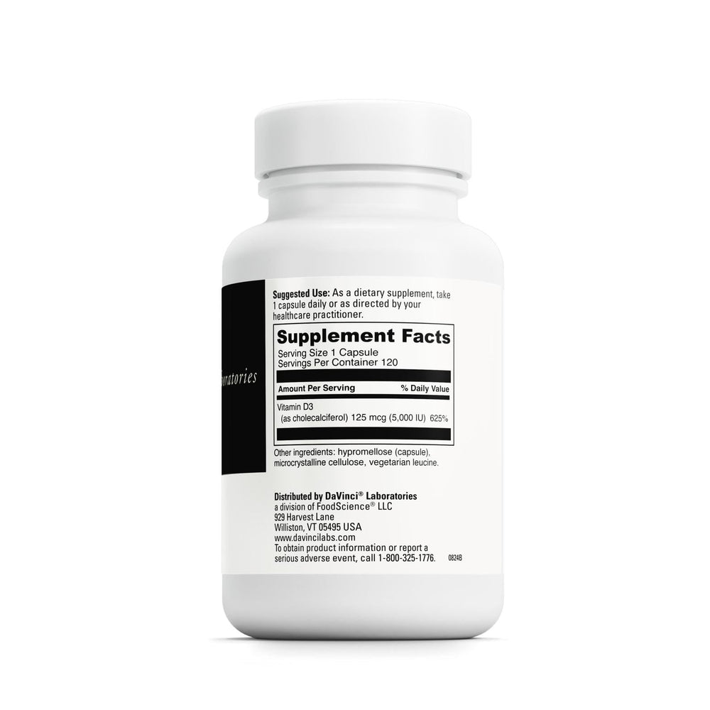 DAVINCI Labs Vitamin D3 5000 IU label detail highlights product potency