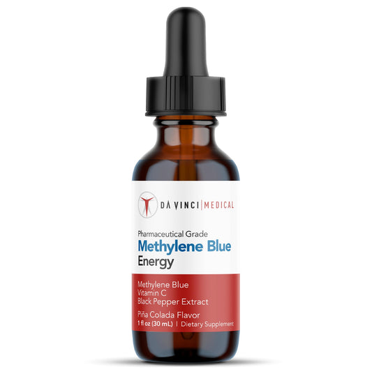 Da Vinci Medical Methylene Blue Drops bottle, USP-grade formula, pina colada flavor.