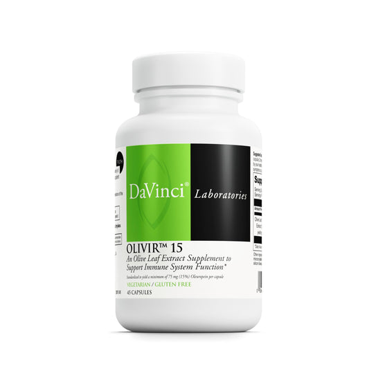 DAVINCI Olivir 15 bottle label showing olive leaf extract product branding and benefits