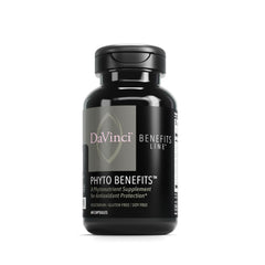 DAVINCI Phyto Benefits bottle front promoting daily wellness in a vegetarian formula.