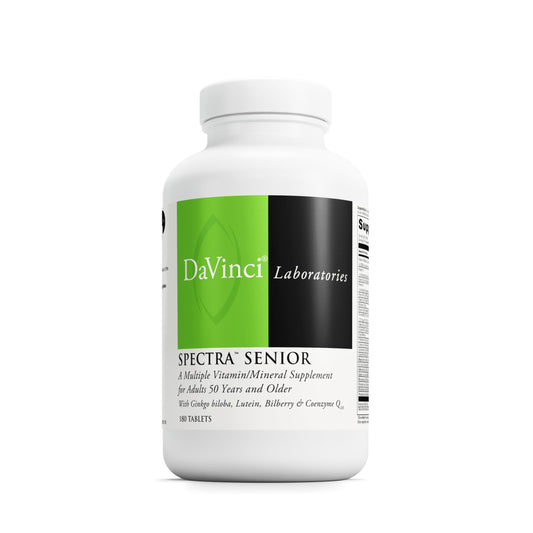 DAVINCI Spectra Senior bottle front view supports cardiovascular and eye health.