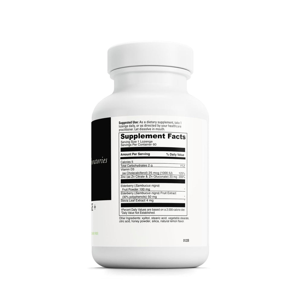 Close-up of bottle label showing vitamin D3 and zinc benefits