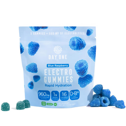 Day One Electrogummies blue raspberry bottle for on-the-go hydration support.