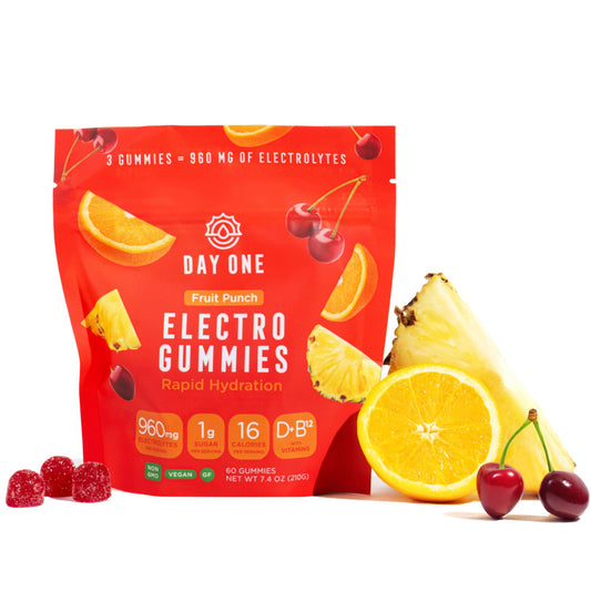 Day One Electrogummies fruit punch pack for on-the-go hydration during workouts.