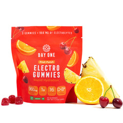 Day One Electrogummies fruit punch pack for on-the-go hydration during workouts.