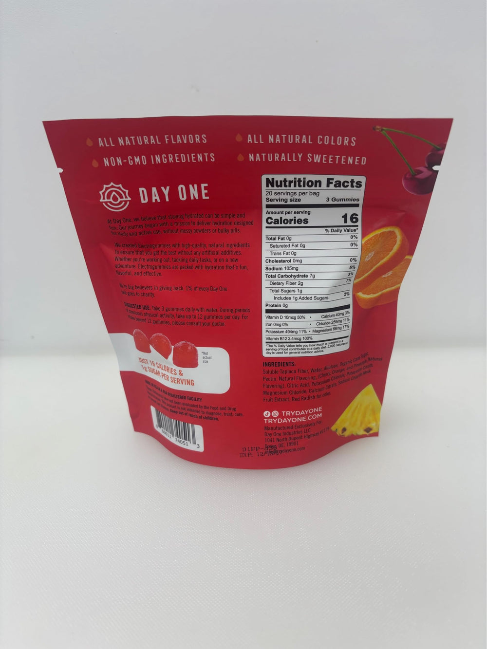 Travel-friendly Day One Electrogummies fruit punch box for journeys and workouts.