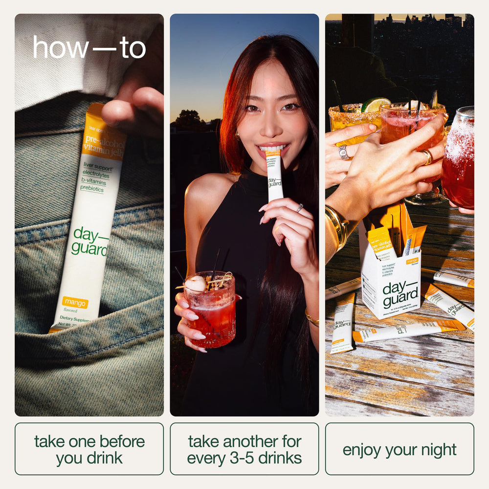 DayGuard prebiotics and electrolytes highlighted for hydration during social events.