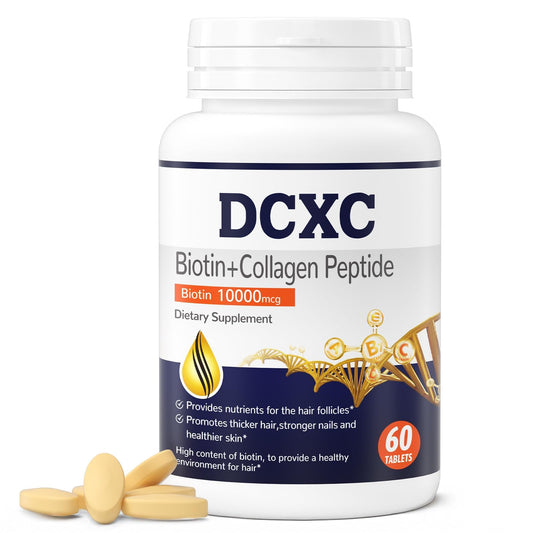 DCXC Biotin Collagen Tablets packaging showcases premium formula for hair, skin, and nails