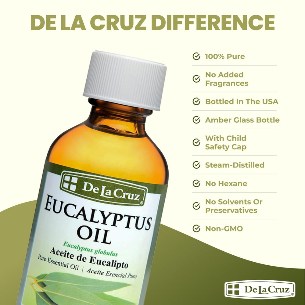 Closeup of De La Cruz eucalyptus oil label on bottle