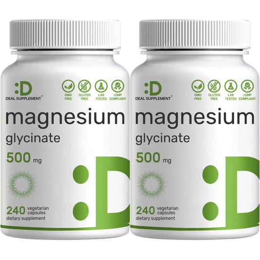 Deal Supplement magnesium glycinate bottle front, highlighting easy absorption and high quality.