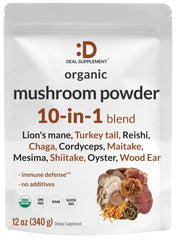 Deal Supplement organic mushroom powder bottle pour boosts daily smoothie energy and flavor.
