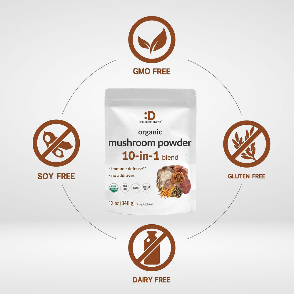 Deal Supplement organic mushroom powder closeup texture reveals premium forest mushrooms.