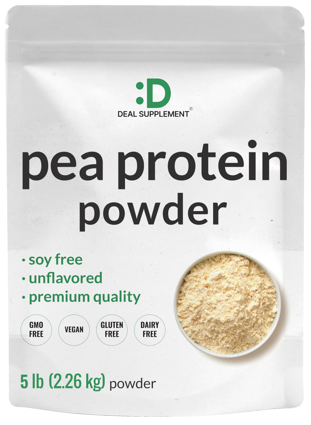 Deal Supplement unflavored pea protein powder bottle showing pure, soy-free protein for shakes