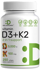 DEAL SUPPLEMENT D3 and K2 softgels bottle supports calcium absorption.