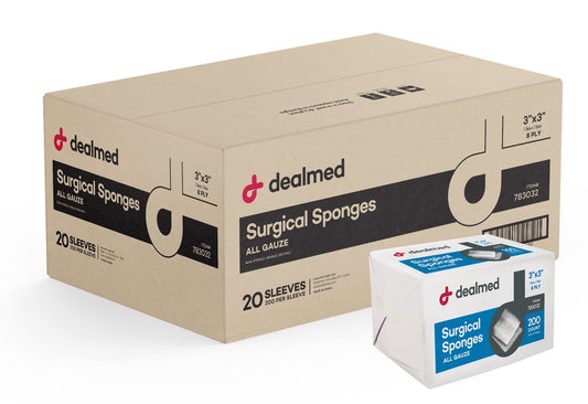 Dealmed 3x3 surgical sponges in 200-count sleeves for quick, aseptic access.
