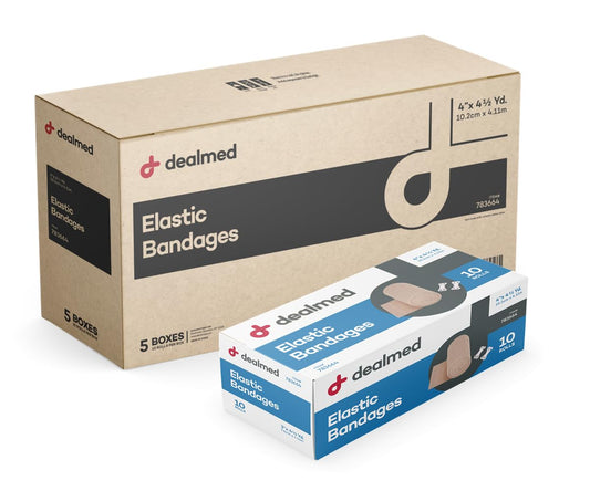 Dealmed 4-inch elastic bandage wrap with clip closure securing comfortable compression