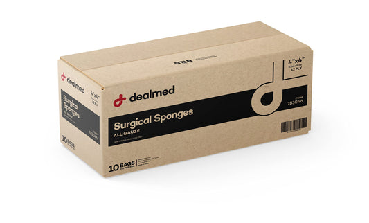 Dealmed 4x4 surgical sponges, 12-ply, for rapid wound absorption.