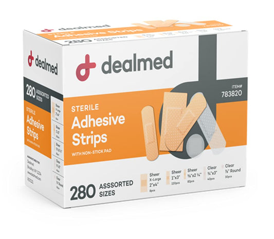 Dealmed adhesive bandage variety pack showing 3360-count selection for home first aid